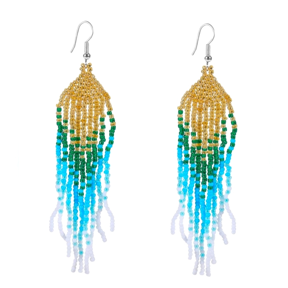 🆕 Long Bohemian Beaded Dangle Tassel Earrings Gold Green Blue White